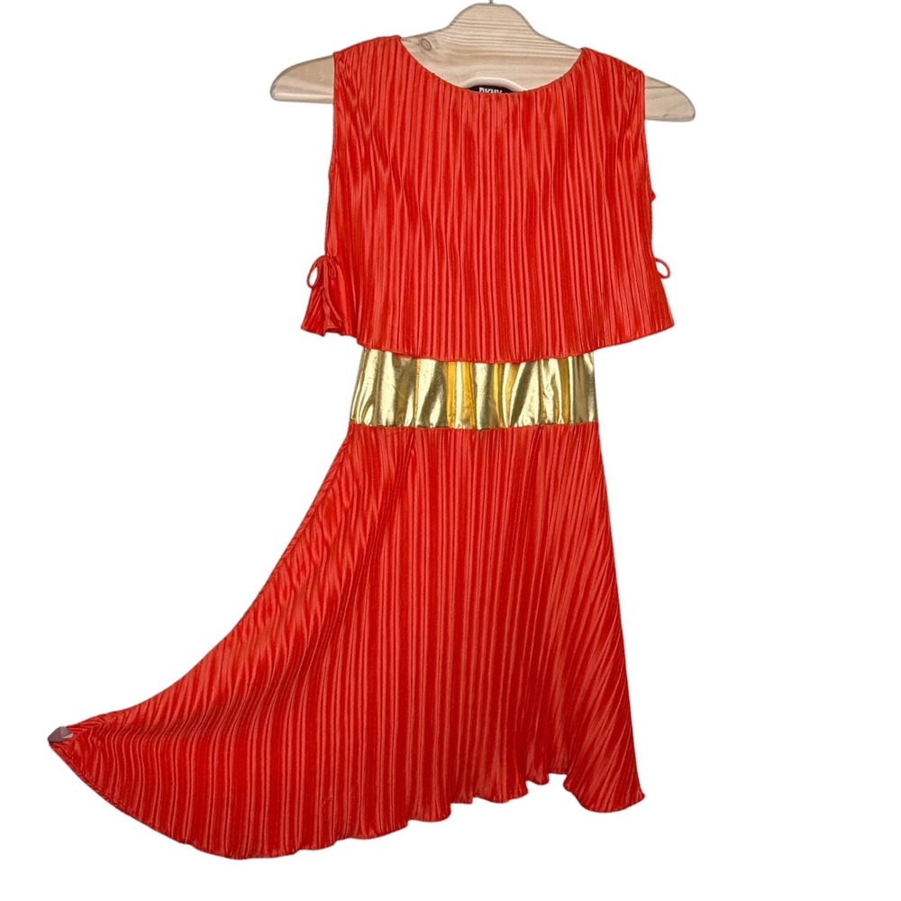 DKNY‎ Pleated Mini Dress 2 Orange Gold Metallic Waist Overlay Sleeveless A-Line